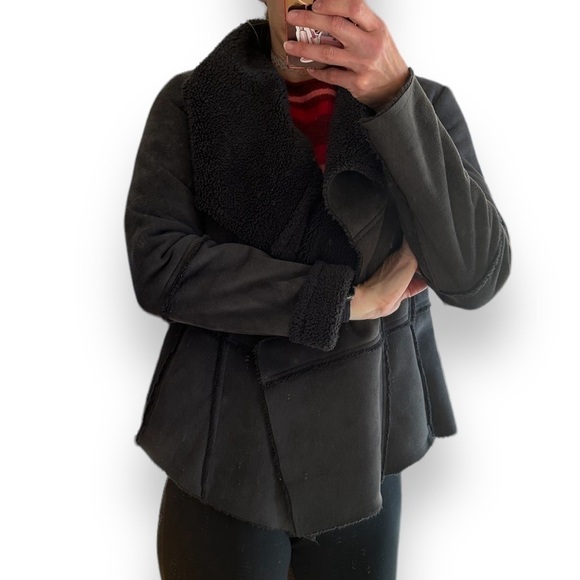 Prana Gray/Black Faux Suede shearling Lined Jacket Open Front draped townie XS/S - Picture 2 of 11